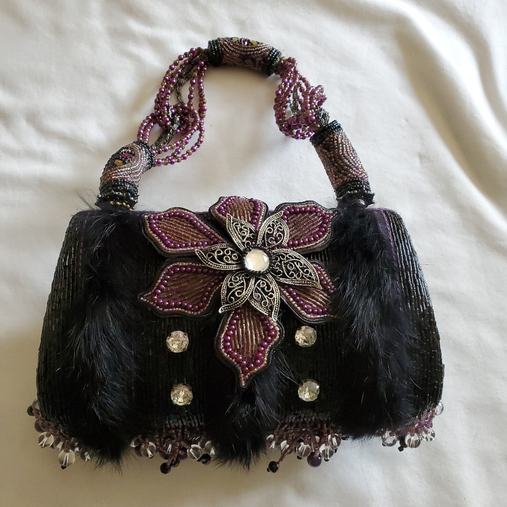 Mary Frances Black Beaded Flower Bag Trimmed in Fur